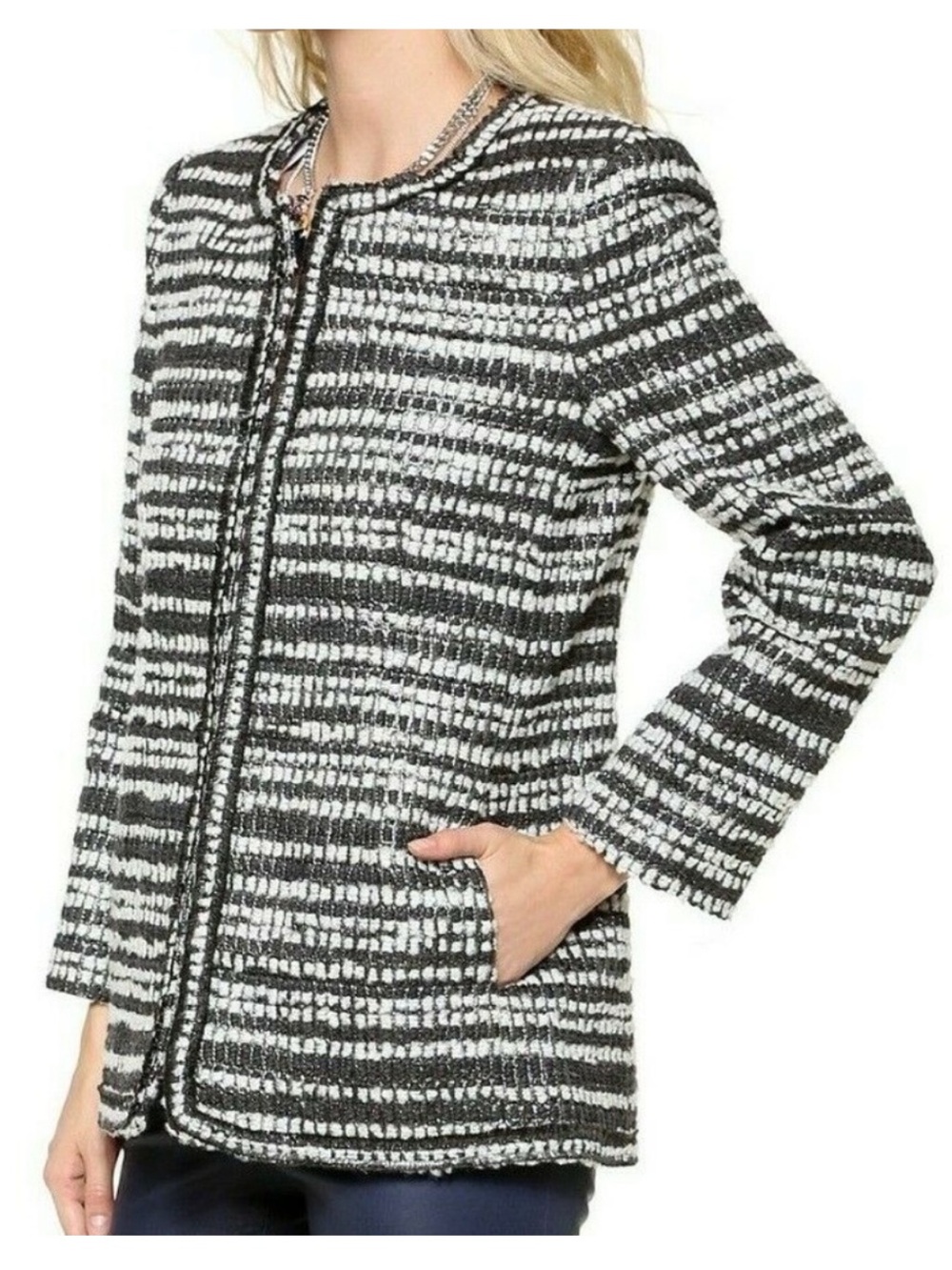 Alice + Olivia Luci Black Gray White Silver Metallic Tweed Jacket Blazer Large